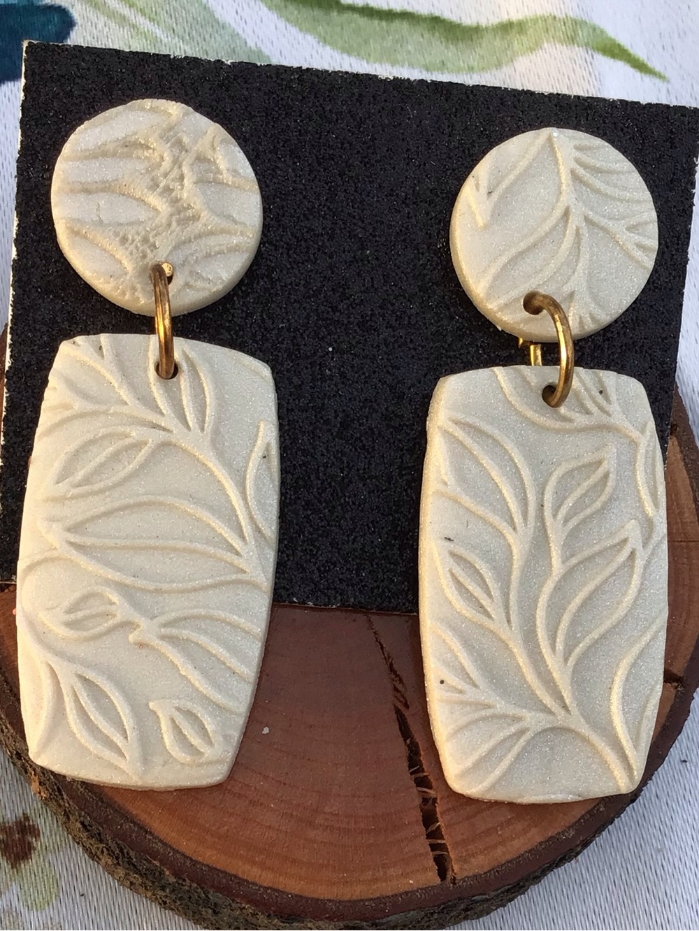 Handcrafted Cream Floral Relief Polymer Clay Earrings